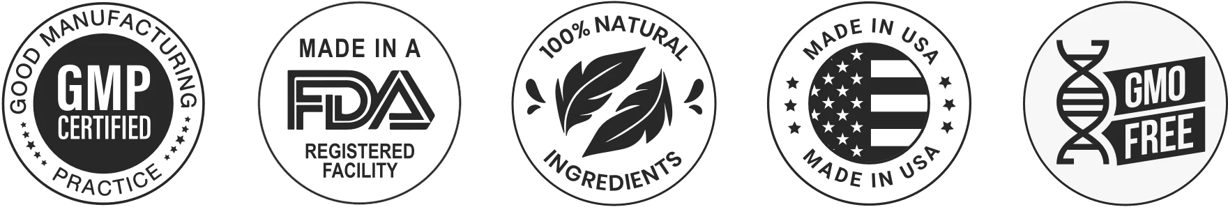 GMP certified, made in an FDA registered facility, 100% natural, made in USA and GMO free badges