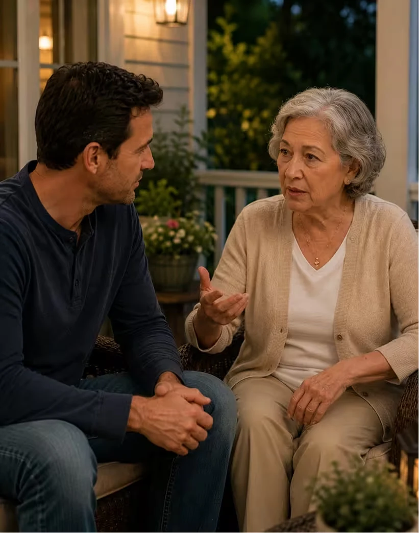 Two people in conversation on a porch