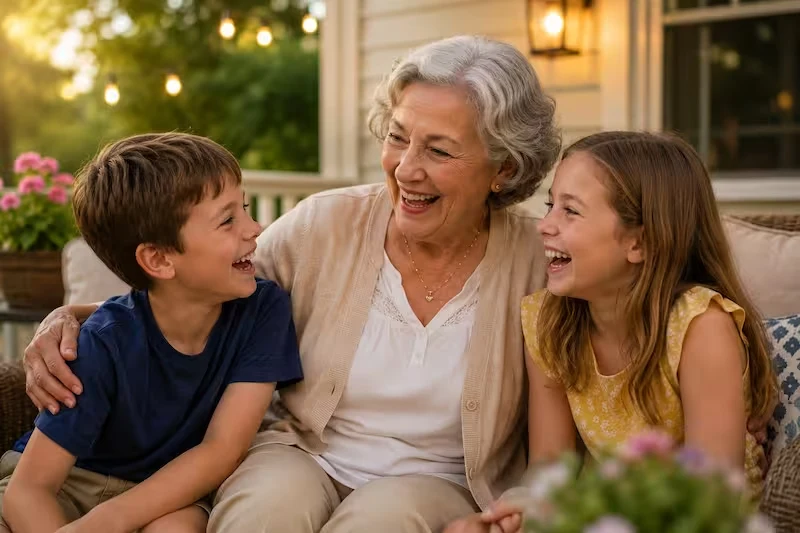 Grandmother laughing with her grandchildren