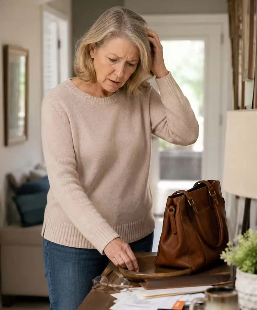 Woman pausing to search a handbag, a familiar everyday memory lapse
